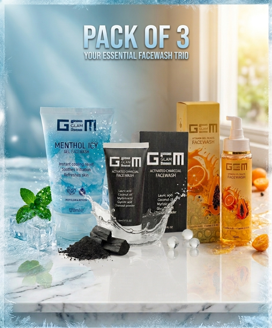Pack of 3 Menthol Icy, Charcoal, Gel Vitamin Facewash